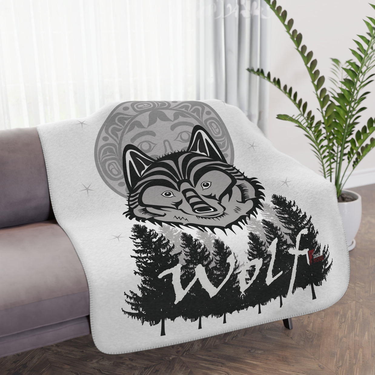 Wolf Forest Tan Sherpa Blanket — Cozy Woodland Throw with Wolf Design