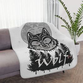 Wolf Forest Tan Sherpa Blanket — Cozy Woodland Throw with Wolf Design