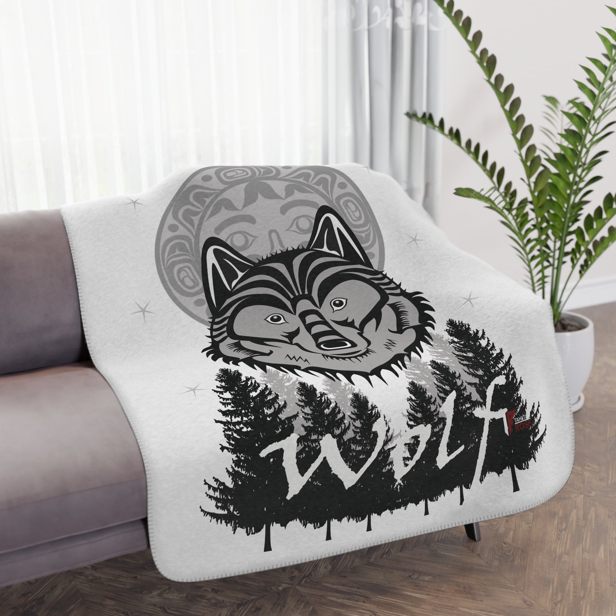 Wolf Forest Tan Sherpa Blanket — Cozy Woodland Throw with Wolf Design