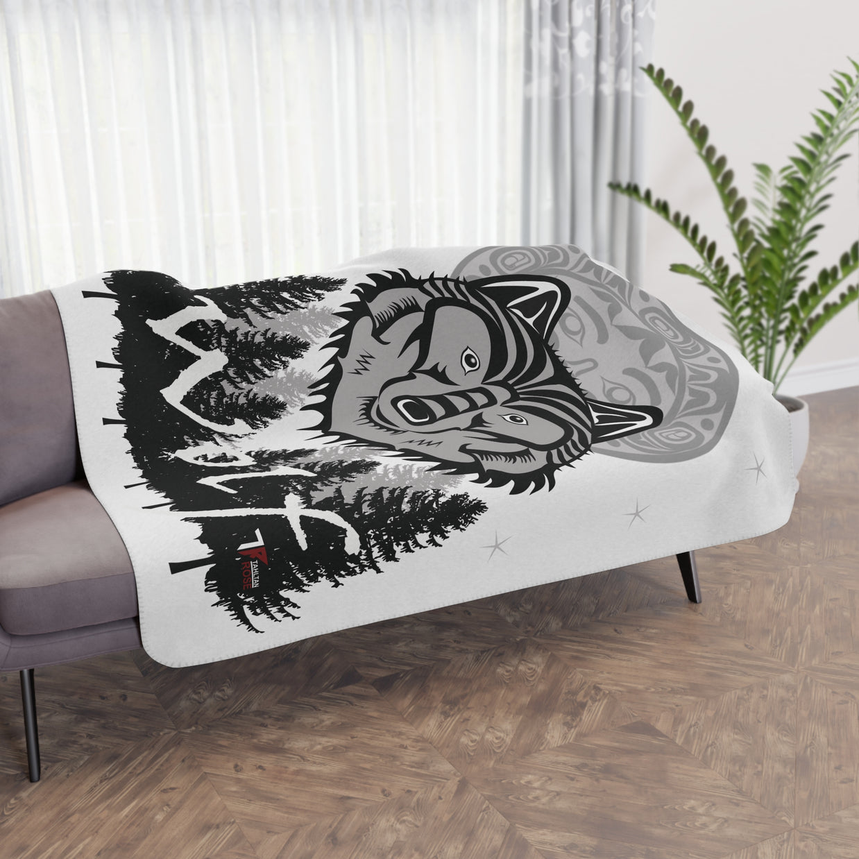 Wolf Forest Tan Sherpa Blanket — Cozy Woodland Throw with Wolf Design