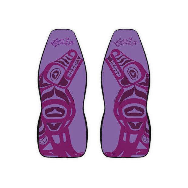 Wolf Tribal Car Seat Covers — Purple Polyester Front Seat Protectors
